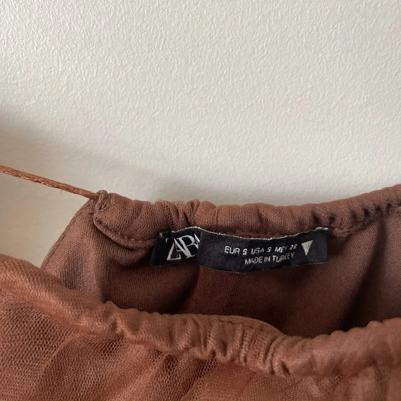 Zara Cut Out Tulle One Sleeve Mini Dress Brown Size Small - Picture 11 of 12